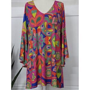 Judith March Retro Bell Sleeve Mini Shift Dress Hippie Woodstock Womens Size Lar